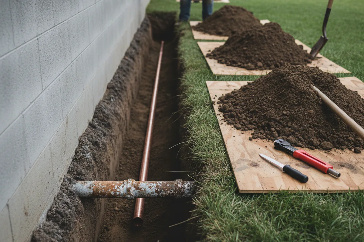 Excavated water line trench during Water Softener Installation in Paynes Creek